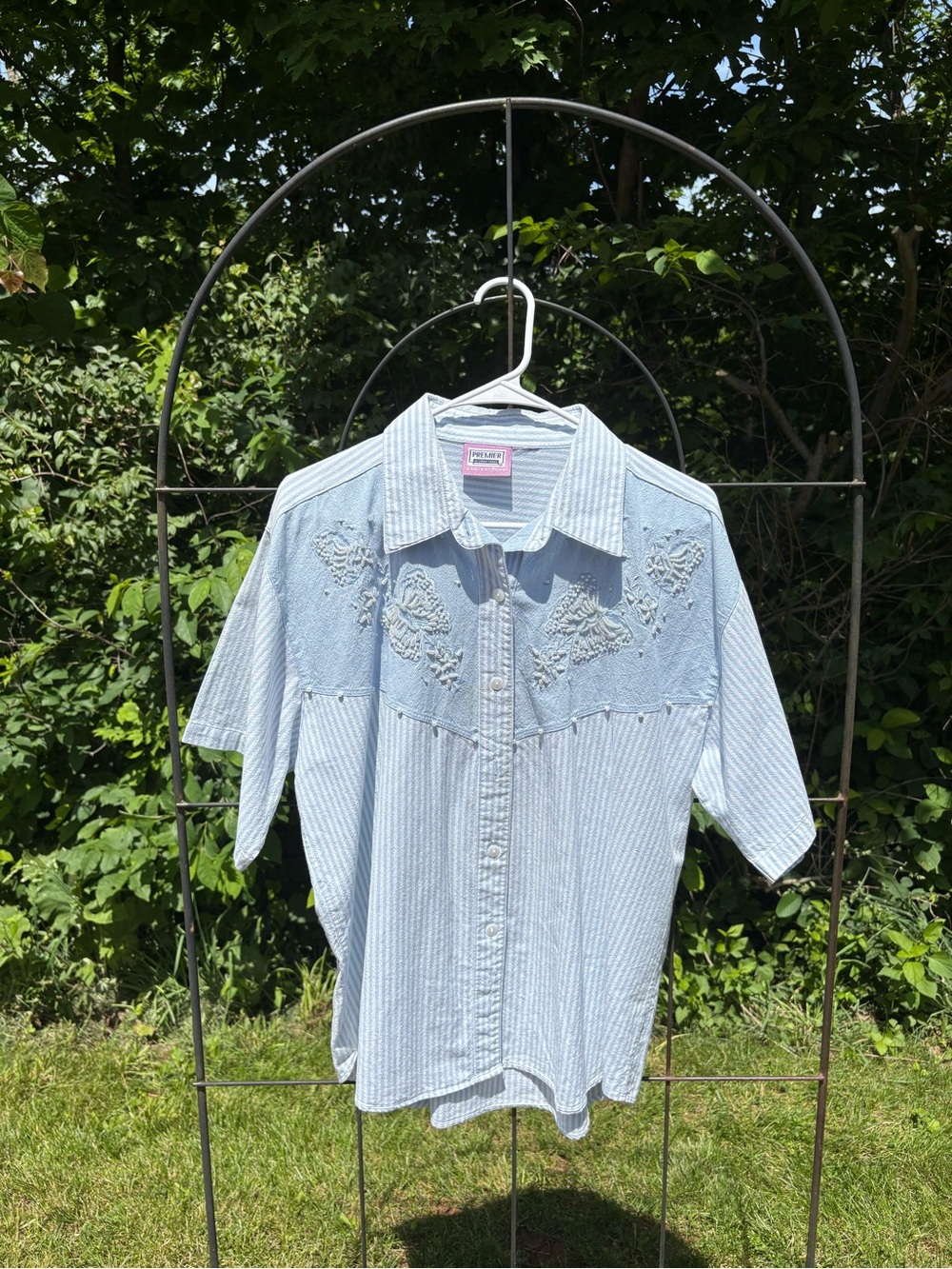 Vintage Premier Light Blue Striped Button-Down Shirt Floral Butterfly Beaded